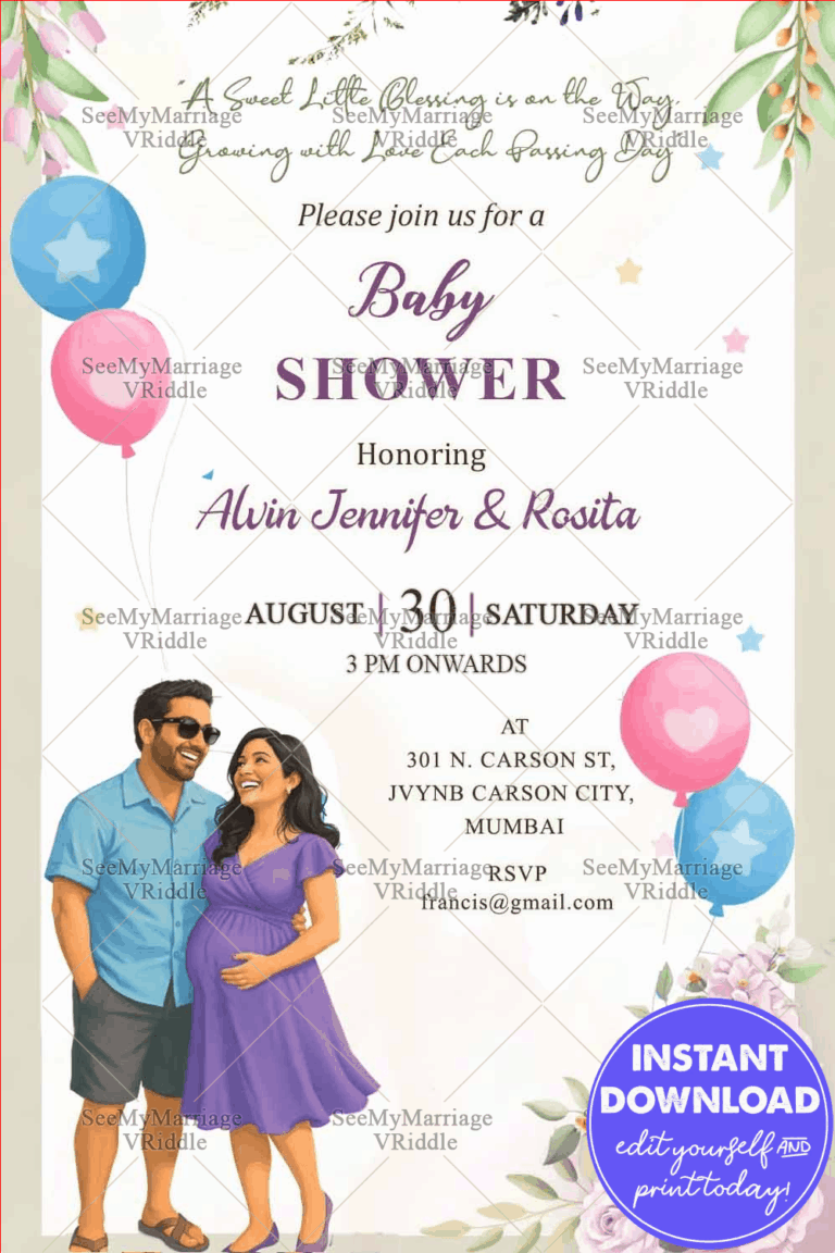 Modern Baby Shower Invitation Card with Floral Corner Roses, Pastel Balloons, Cute Expecting Couple Illustration and Soft Watercolor Garden Theme