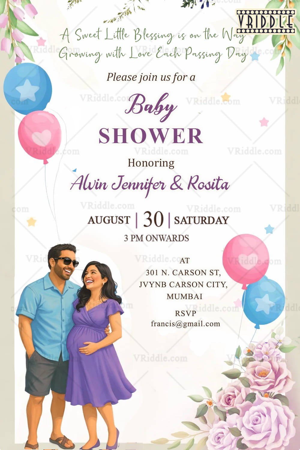 Modern Baby Shower Invitation Card with Floral Corner Roses, Pastel Balloons, Cute Expecting Couple Illustration and Soft Watercolor Garden Theme