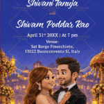 Night Sky Engagement Invitation with Romantic Cartoon Couple Floral & Lantern Lights Ambience