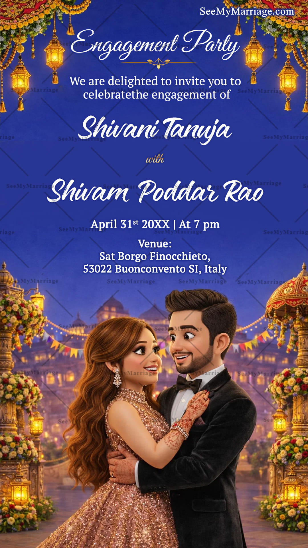 Night Sky Engagement Invitation with Romantic Cartoon Couple Floral & Lantern Lights Ambience