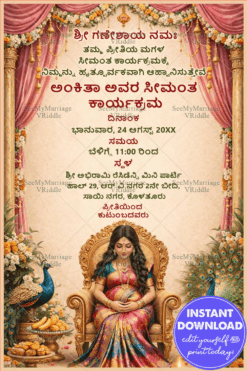 Peacock-Inspired Kannada Baby Shower, Seemantha Invitation with Floral Drapes & Golden Throne Traditional Design
