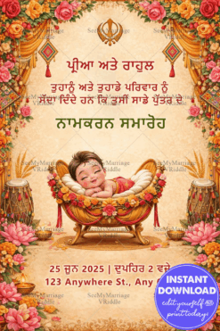 Punjabi Namkaran Samaroh Invitation Card with Baby Illustration, Ik Onkar Symbol, Floral Drapes, Dhol Decorations and Lotus Diya Border Design