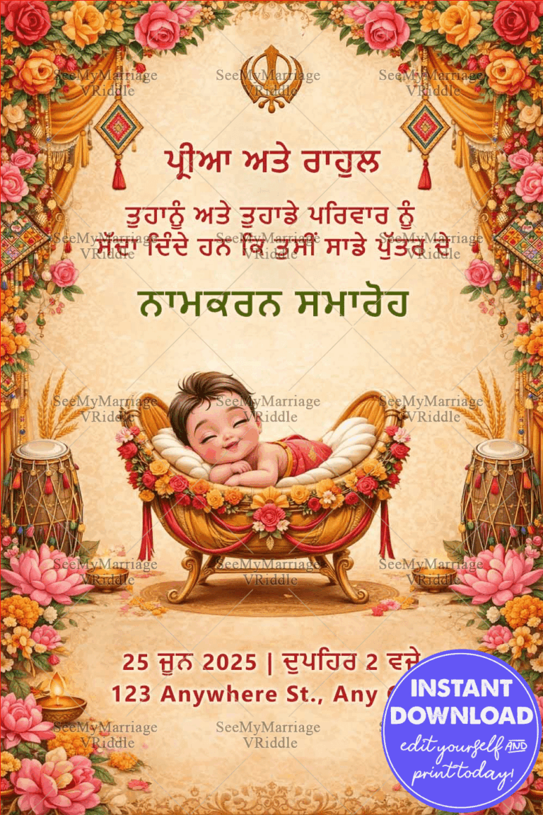 Punjabi Namkaran Samaroh Invitation Card with Baby Illustration, Ik Onkar Symbol, Floral Drapes, Dhol Decorations and Lotus Diya Border Design