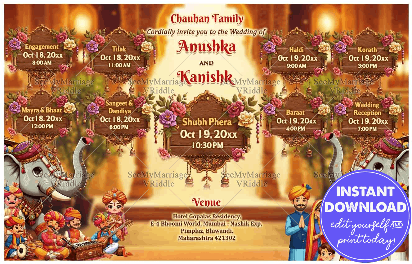 Rajasthani Theme Wedding Invitation Flyer with Decorative Floral Wooden Event Boards, Folk Musician Illustrations and Multi-Ceremony Wedding Schedule Layout Design