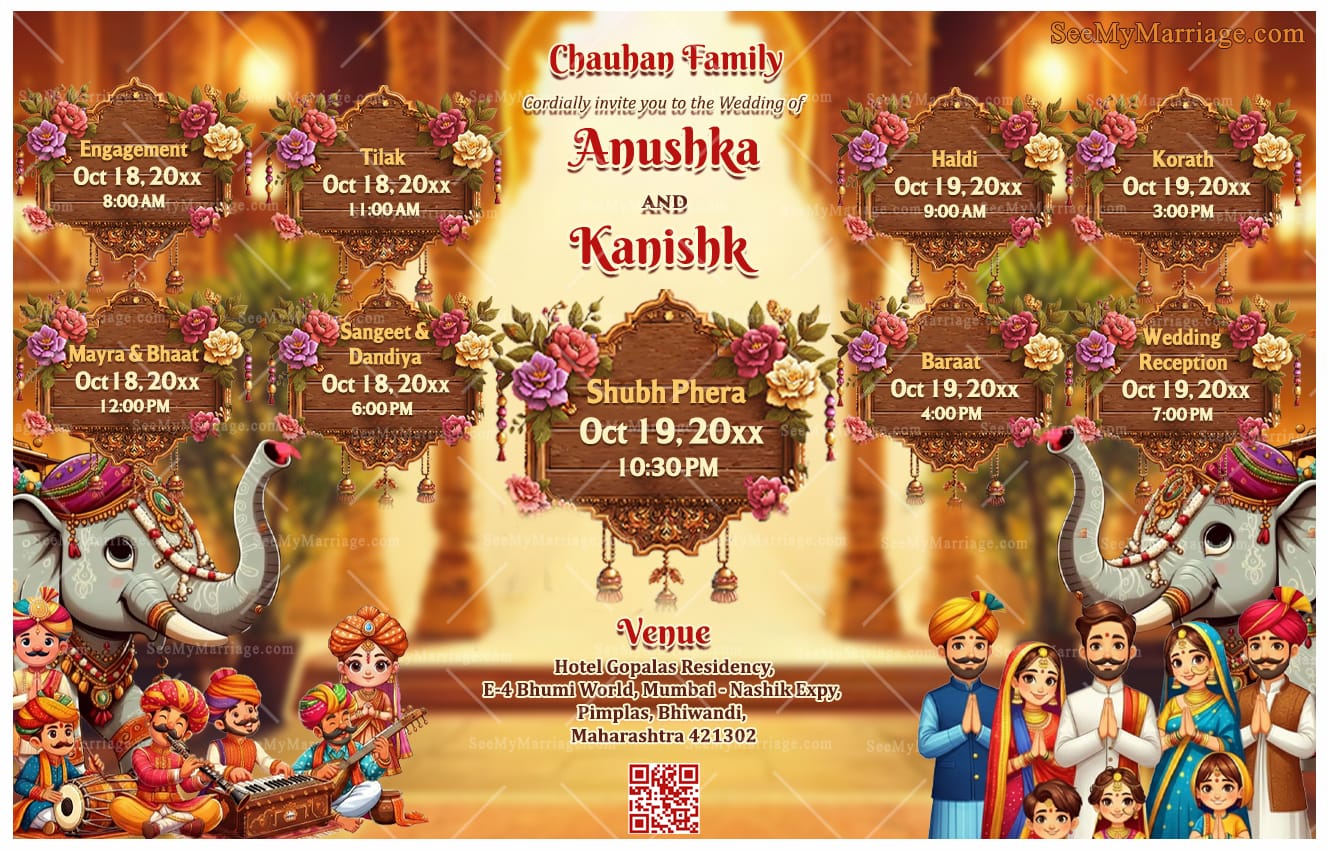 Rajasthani Theme Wedding Invitation Flyer with Decorative Floral Wooden Event Boards, Folk Musician Illustrations and Multi-Ceremony Wedding Schedule Layout Design