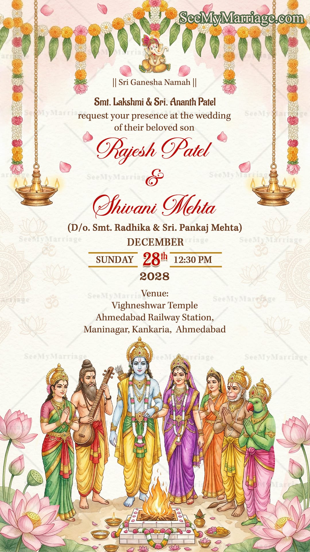 Sri Ram Sita Lakshman Hanuman Hindu Wedding Invitation Card with Marigold Mango Leaf Toran and Sacred Wedding Fire Ritual Illustration