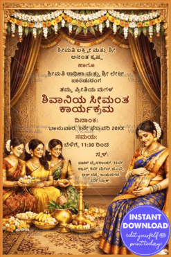 Ritual Gathering Traditional Kannada Seemantha, Baby Shower Invitation with, Drapes & Floral Design
