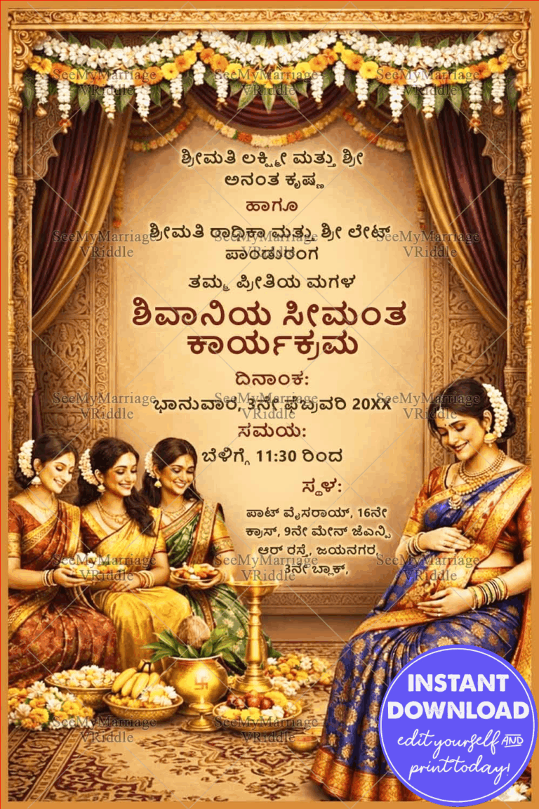 Ritual Gathering Traditional Kannada Seemantha, Baby Shower Invitation with, Drapes & Floral Design