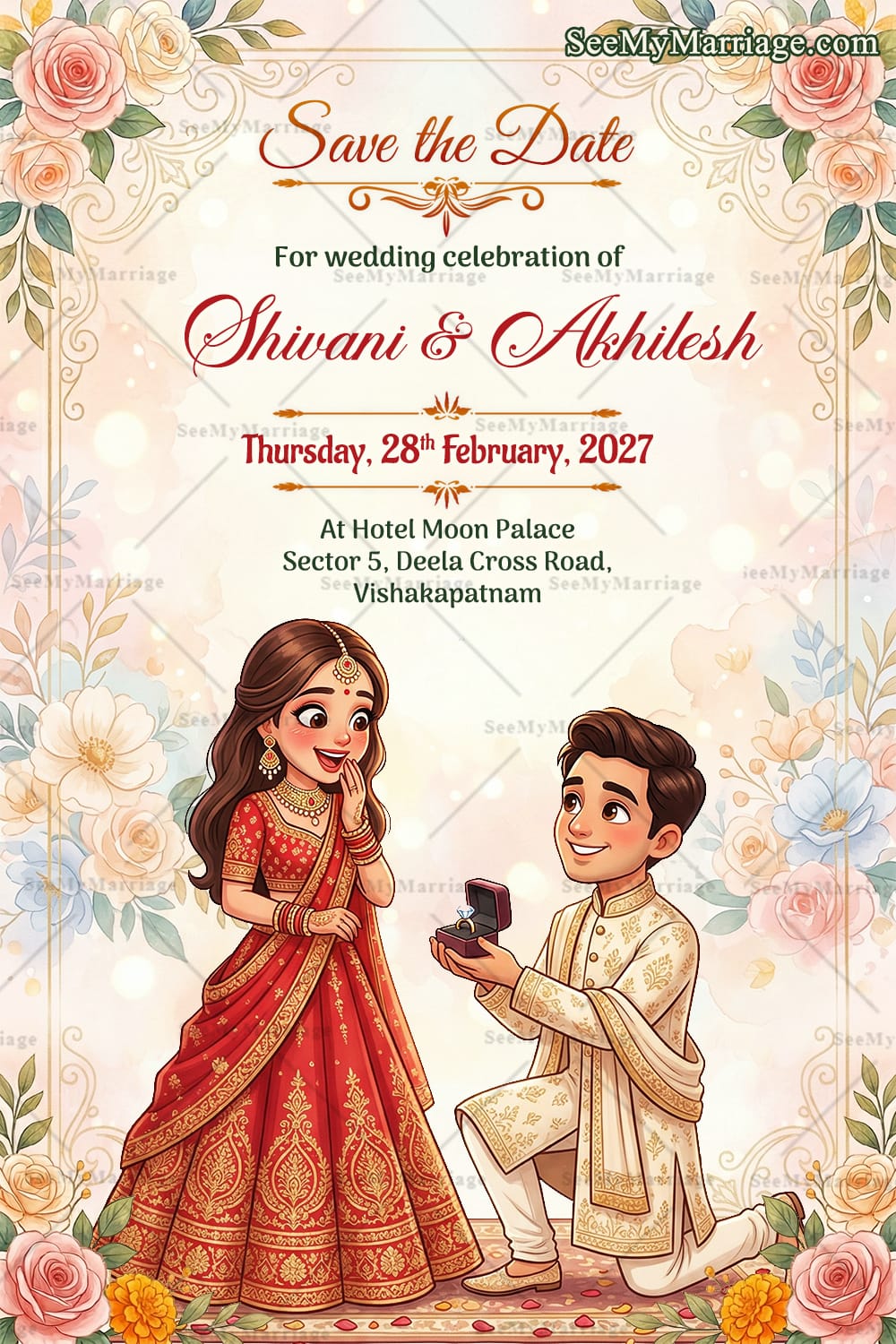 Cute Save the Date Wedding Invitation Card with Romantic Ring Proposal Scene Design, Floral Rose Border Frame and Traditional Lehenga Sherwani Attire