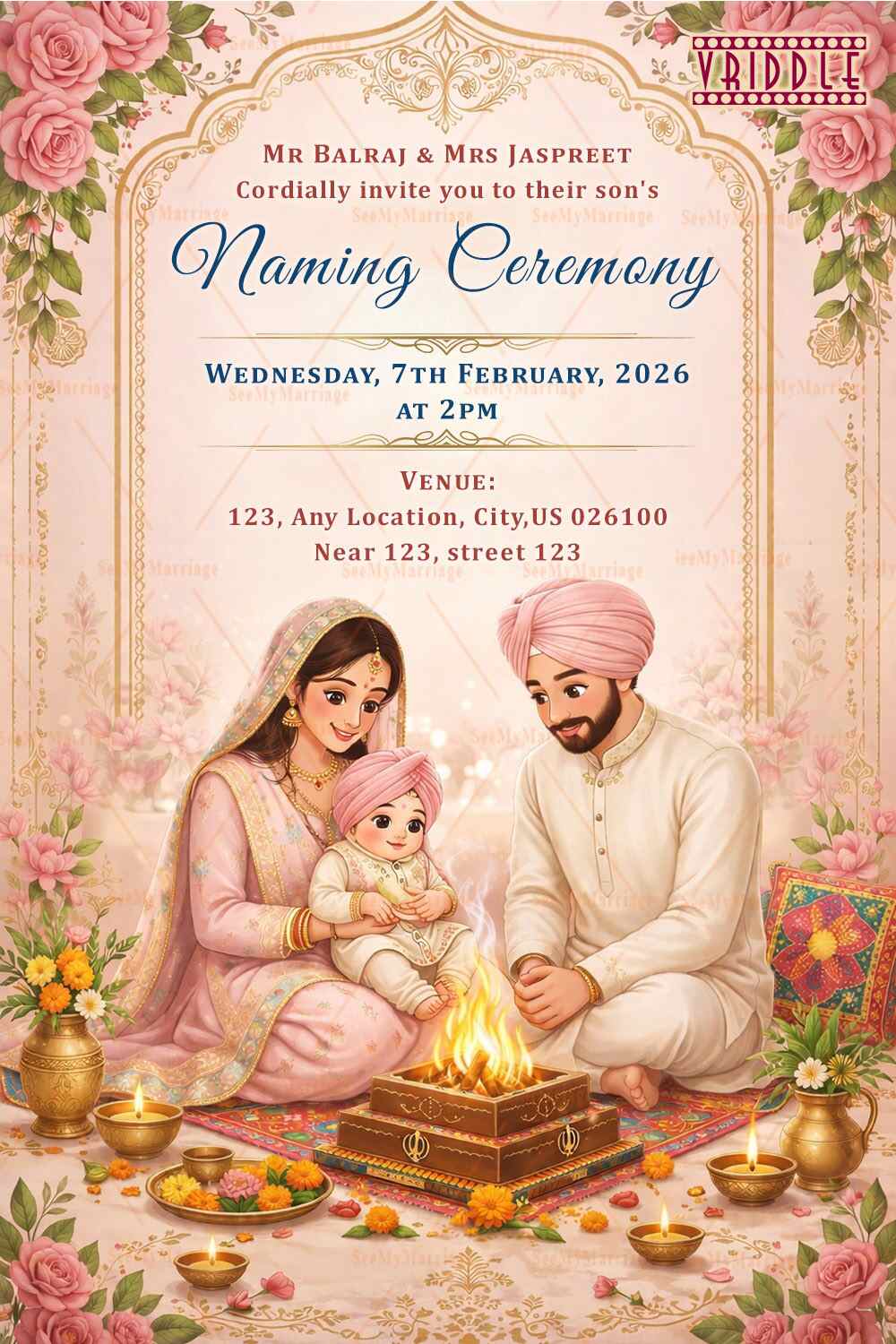 Sacred Ritual Illustration Punjabi Naming Ceremony Invitation with Floral Design