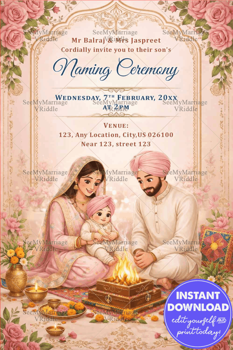 Sacred Ritual Illustration Punjabi Naming Ceremony Invitation with Floral Design