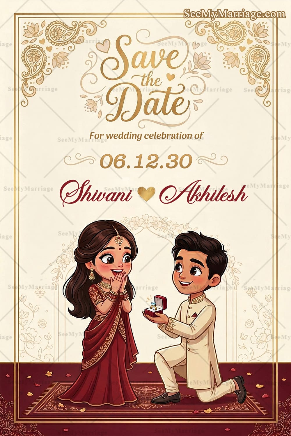 Cartoon Save the Date Celebration Invitation Card with Romantic Proposal Scene Illustration, Groom Kneeling with Ring Box, Bride in Elegant Red Saree