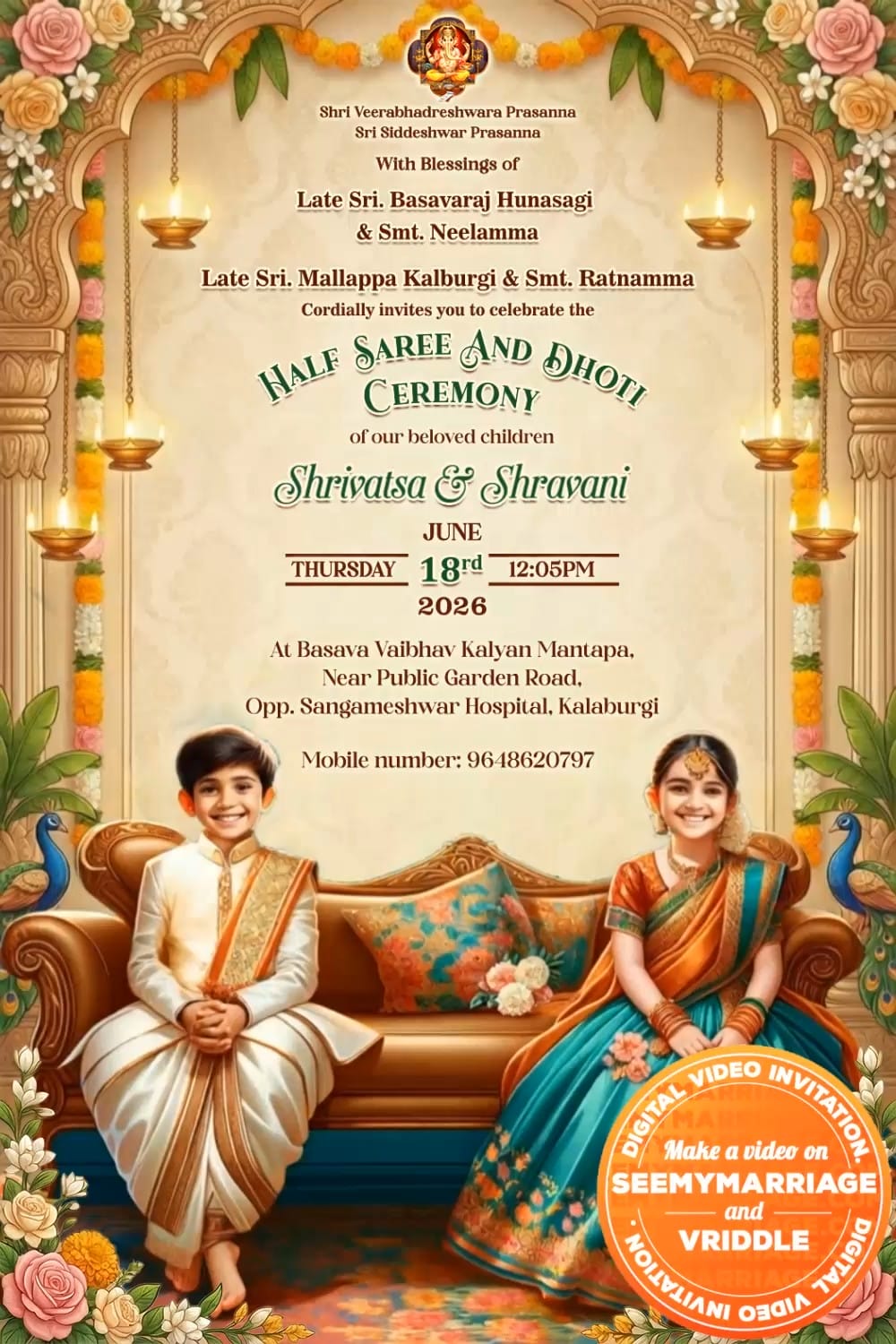 Sister-Brother 3D Animation Half Saree and Dhoti Ceremony Invitation Video with Peacock Elements and South Indian Kids in Silk Attire Sofa Portrait Illustration