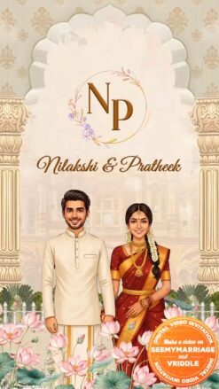 South Indian Caricature Wedding Invitation Video with Temple Arch Pillars BG, Traditional Couple Illustration in Kanjeevaram Saree and Veshti, Lotus Floral Foreground