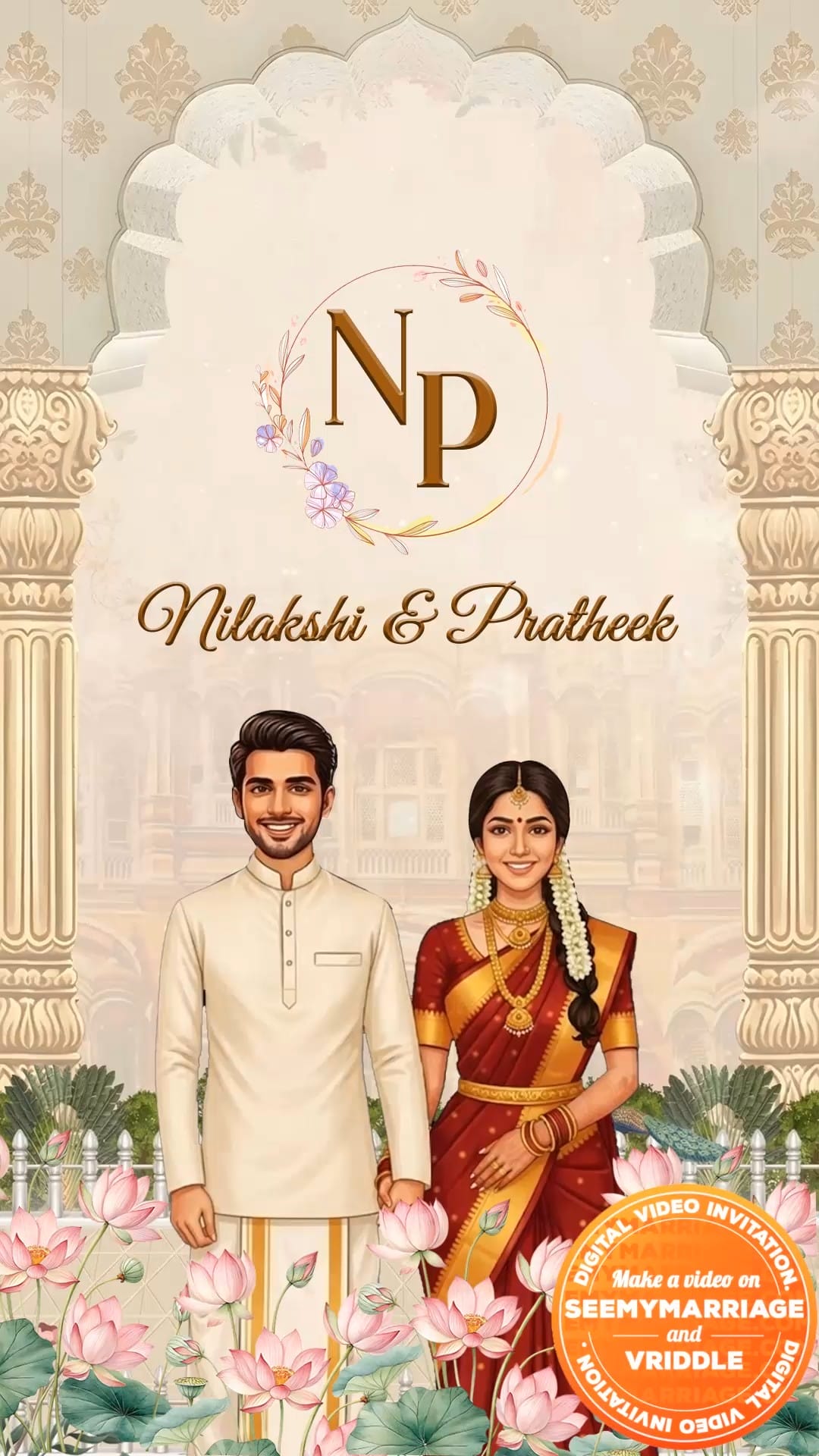 South Indian Caricature Wedding Invitation Video with Temple Arch Pillars BG, Traditional Couple Illustration in Kanjeevaram Saree and Veshti, Lotus Floral Foreground