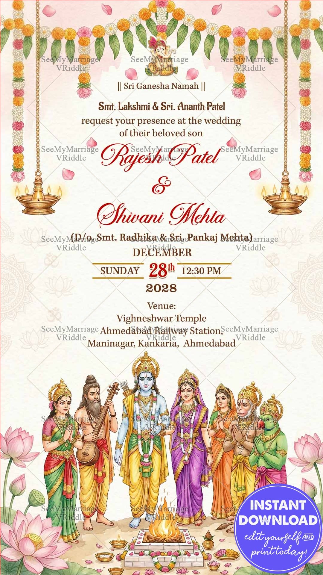 Sri Ram Sita Lakshman Hanuman Hindu Wedding Invitation Card with Marigold Mango Leaf Toran and Sacred Wedding Fire Ritual Illustration