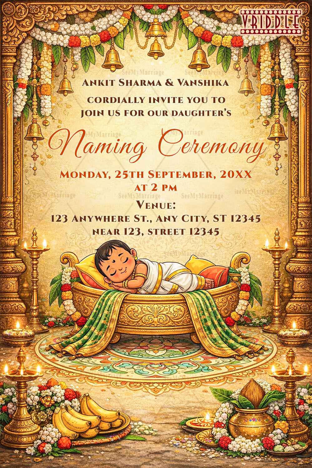 Temple Bells Tamil Naming Ceremony Invitation with Floral Garlands & Golden Cradle Design