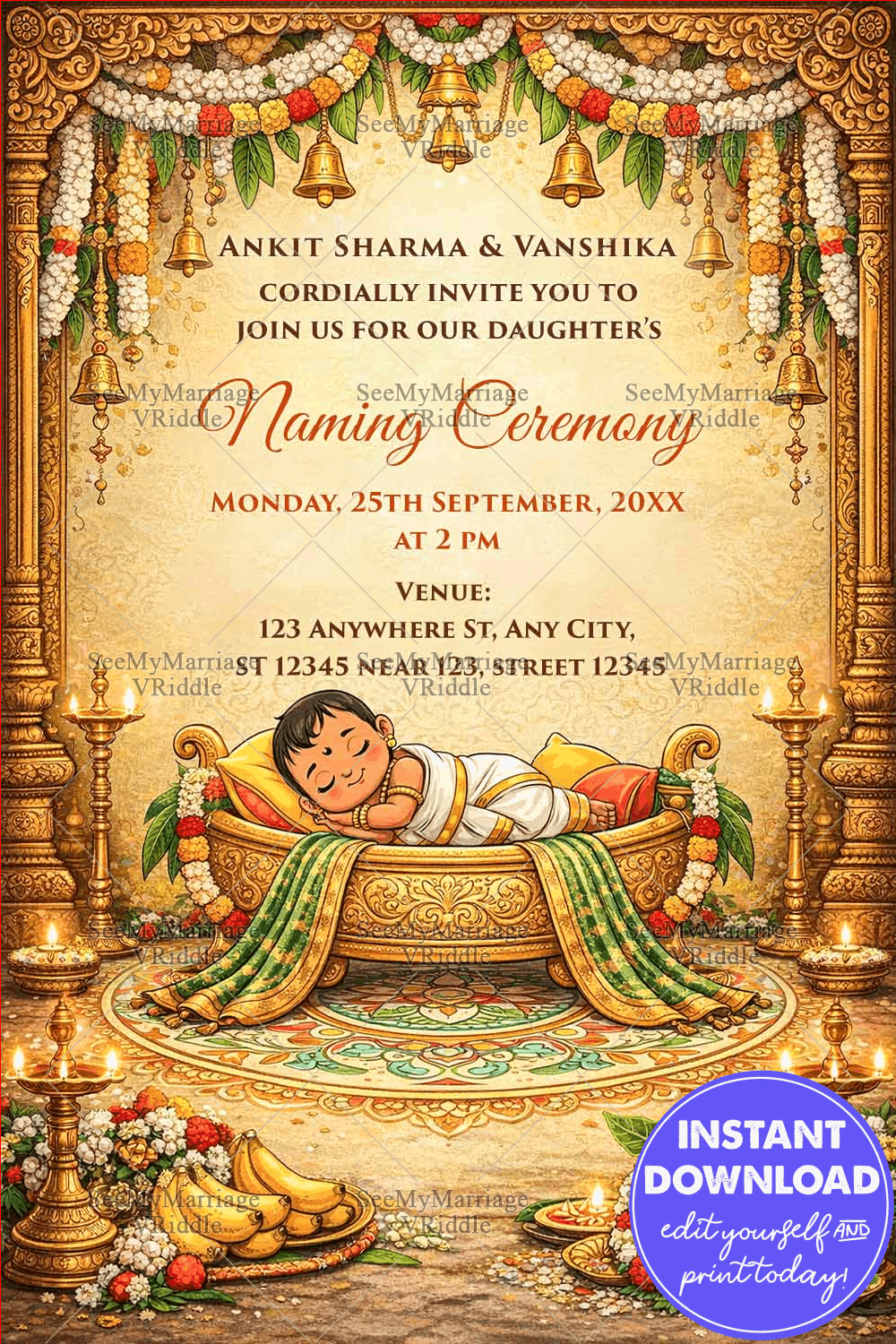 Temple Bells Tamil Naming Ceremony Invitation with Floral Garlands & Golden Cradle Design