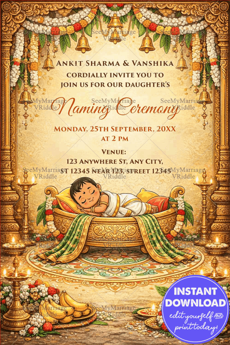 Temple Bells Tamil Naming Ceremony Invitation with Floral Garlands & Golden Cradle Design