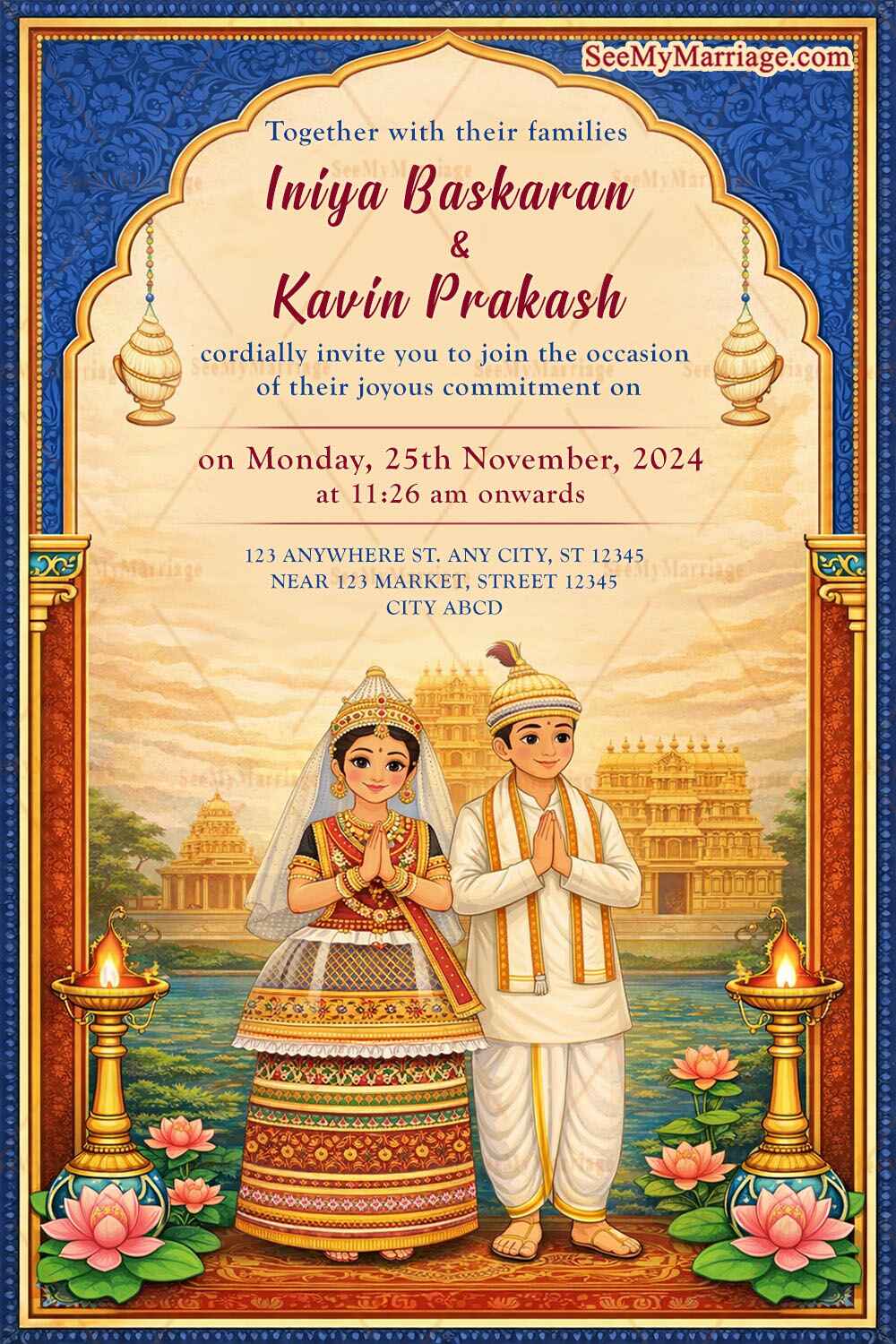 Temple-Themed Manipuri Wedding Invitation with Lotus Flower, Ornate Arch & Traditional Couple Illustration