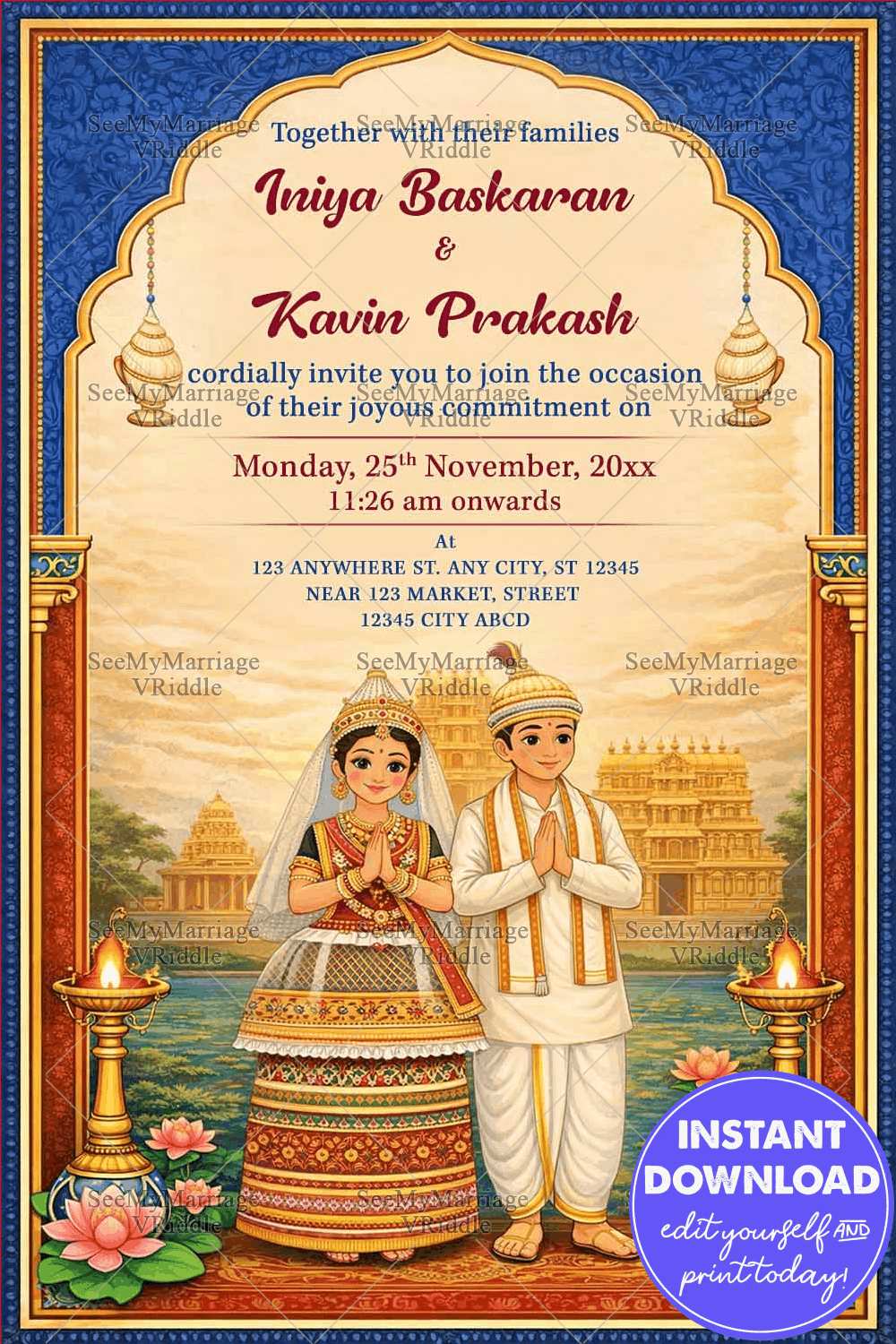 Temple-Themed Manipuri Wedding Invitation with Lotus Flower, Ornate Arch & Traditional Couple Illustration