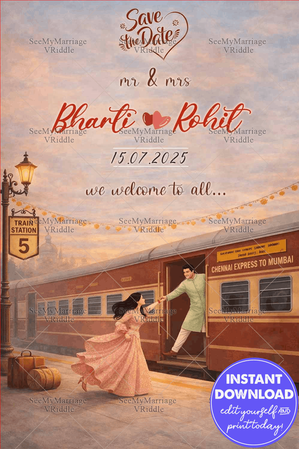 City Lights Save the Date Invitation with Vintage Red Bus, Golden Glow & Couple Illustration