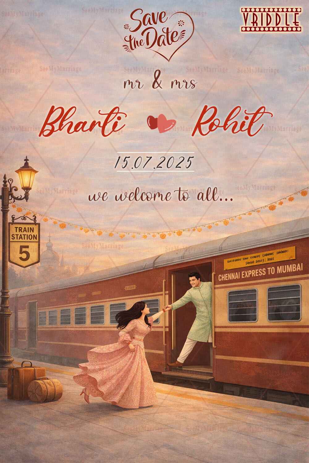 Train Journey Save the Date Invitation with DDLJ Station Theme & Couple Illustration