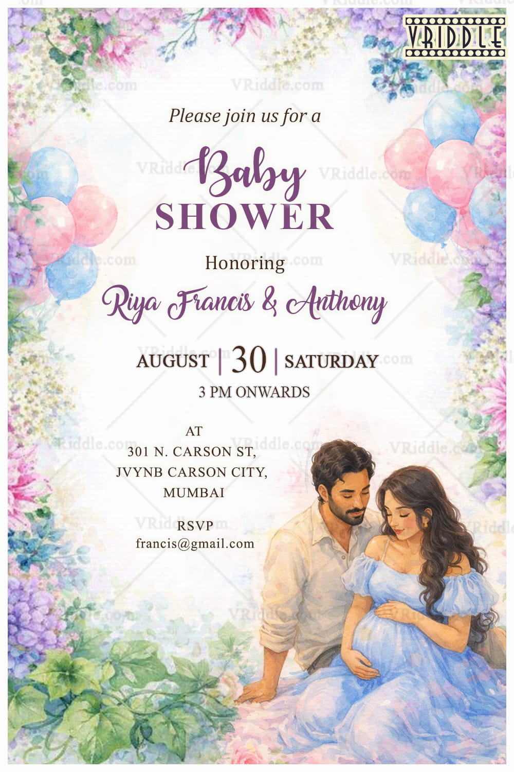 Watercolor Baby Shower Invitation Card with Floral Garden Border, Pastel Balloon Accents and Romantic Expecting Couple Illustration Theme
