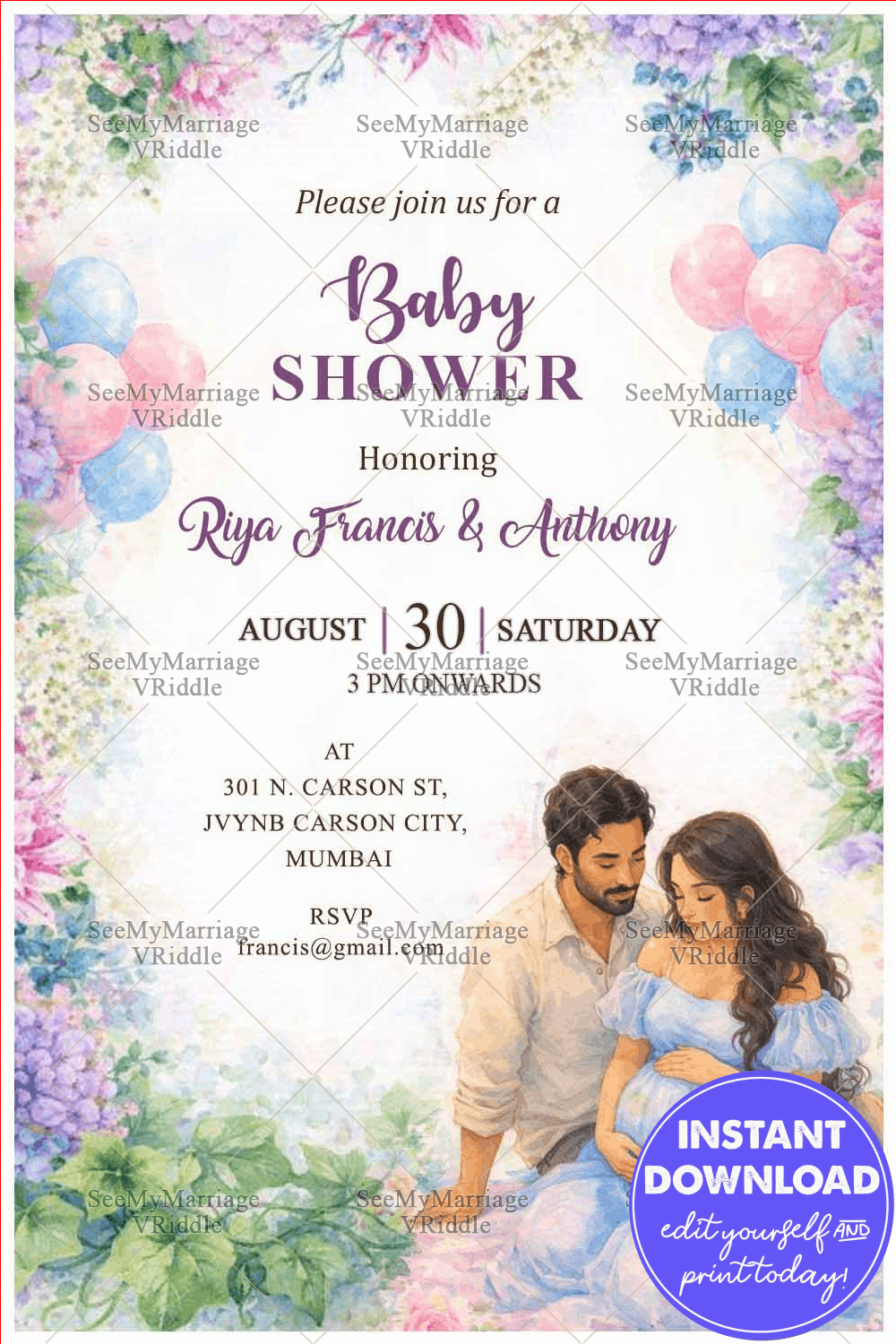 Watercolor Baby Shower Invitation Card with Floral Garden Border, Pastel Balloon Accents and Romantic Expecting Couple Illustration Theme