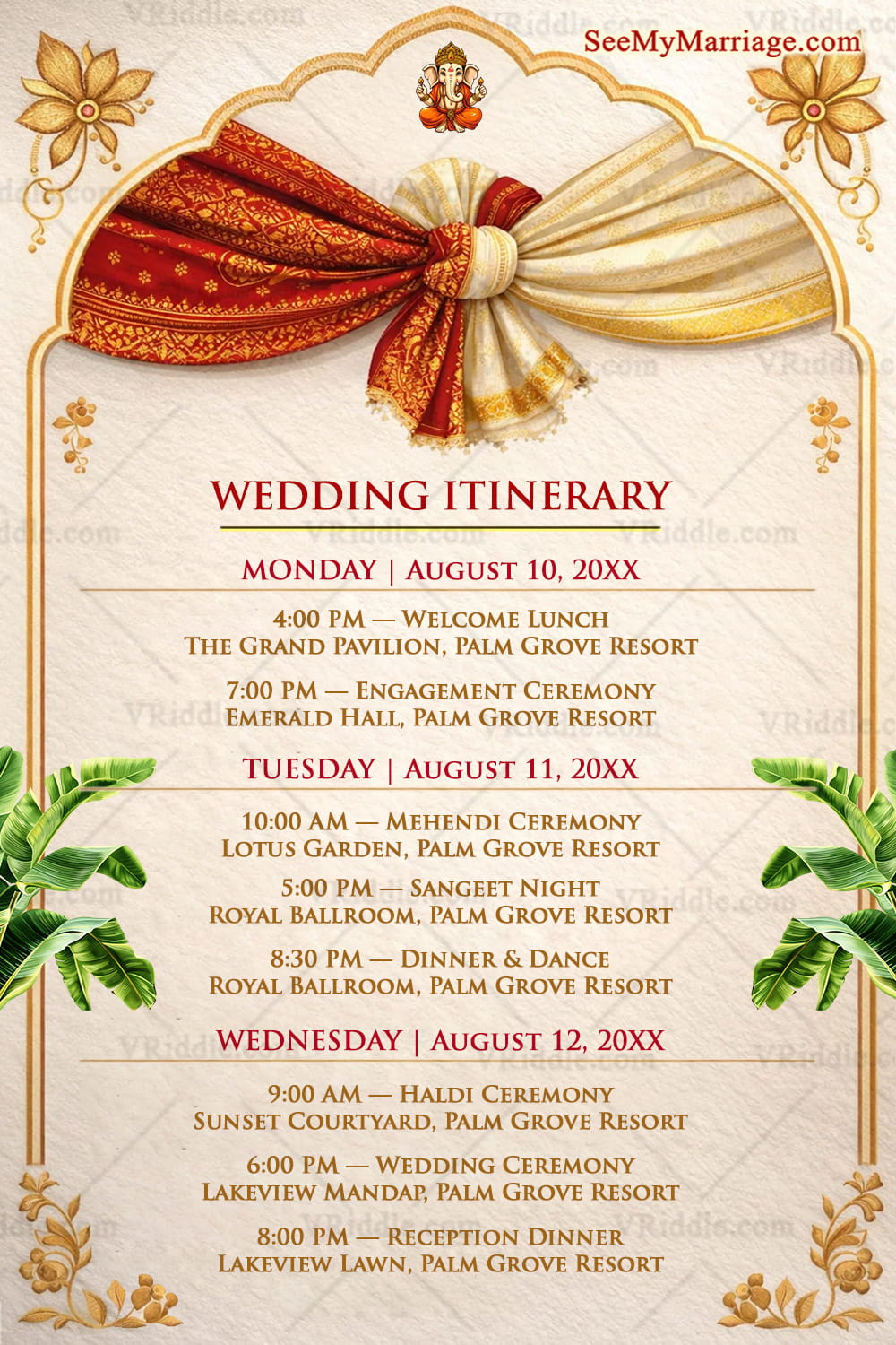 Wedding Itinerary Card with Ganesha Motif, Royal Red-Gold Drapery Knot, Temple Arch Frame and Banana Leaf Decorations