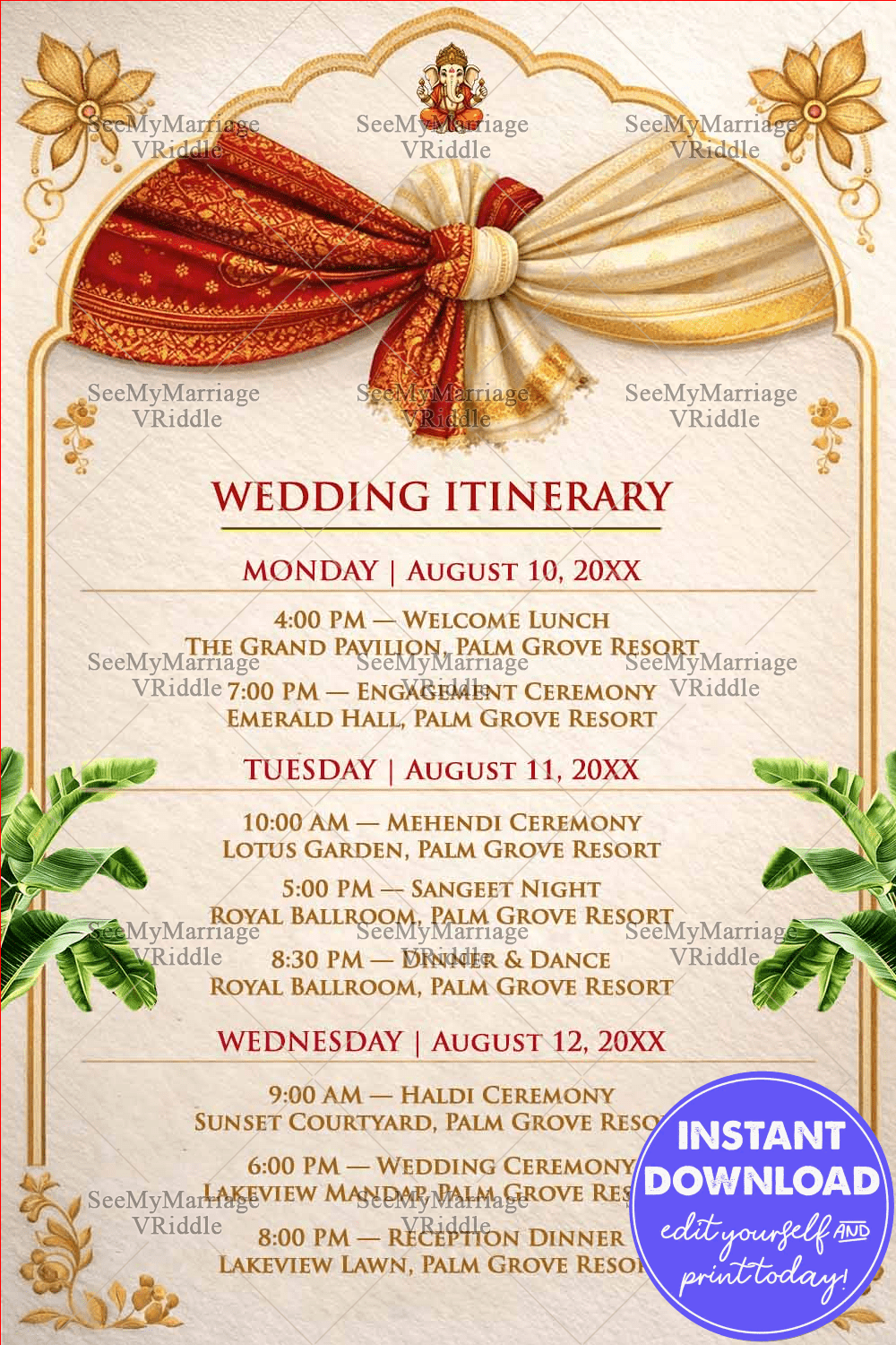 Wedding Itinerary Card with Ganesha Motif, Royal Red-Gold Drapery Knot, Temple Arch Frame and Banana Leaf Decorations