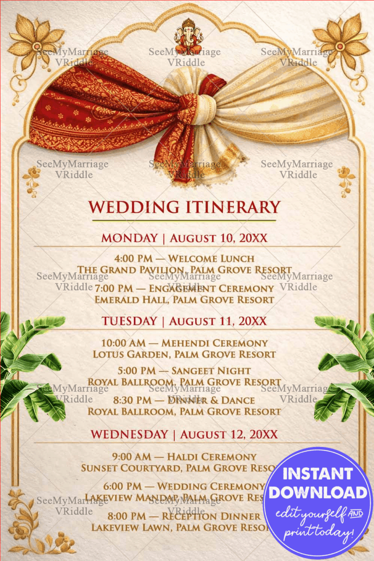 Wedding Itinerary Card with Ganesha Motif, Royal Red-Gold Drapery Knot, Temple Arch Frame and Banana Leaf Decorations
