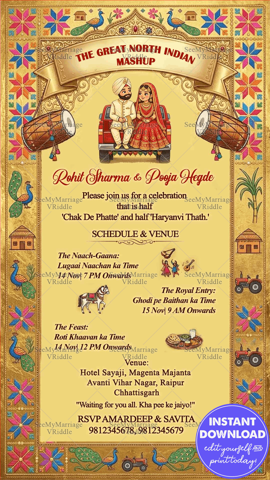 Wedding Mashup Invitation Card with Punjabi Dhol Elements, Haryanvi Folk Motifs, Traditional Couple on Jeep Illustration and Peacock Border