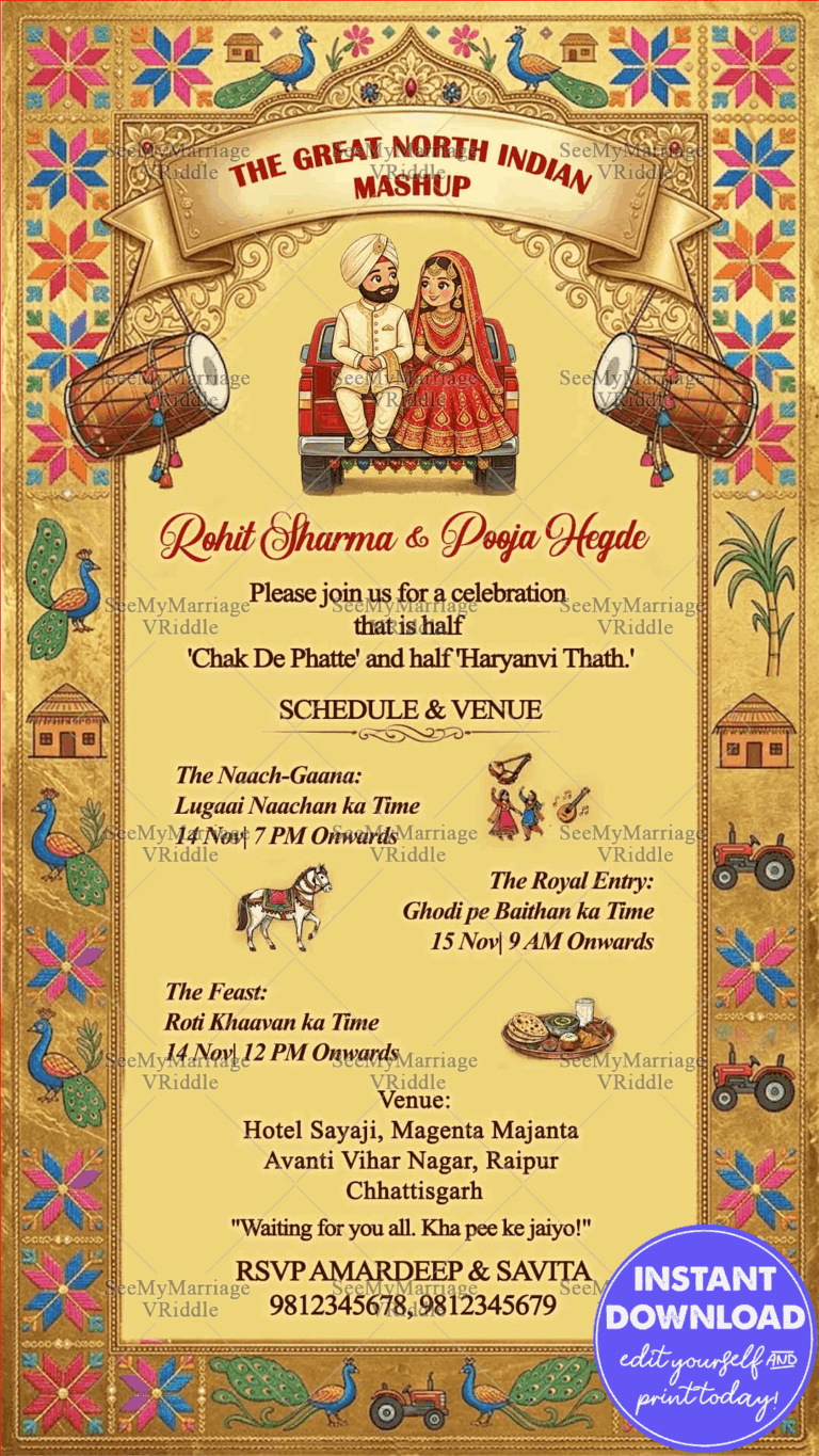Wedding Mashup Invitation Card with Punjabi Dhol Elements, Haryanvi Folk Motifs, Traditional Couple on Jeep Illustration and Peacock Border