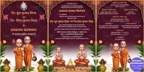 Twins Brothers Hindi Upanayanam Invitation Three Leaf Card with Traditional Brahmachari Illustration