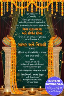 Festive Gujarati Garba and Sangeet Night Invitation Card with Draped Curtains, Floral Garlands and Illuminated Decor