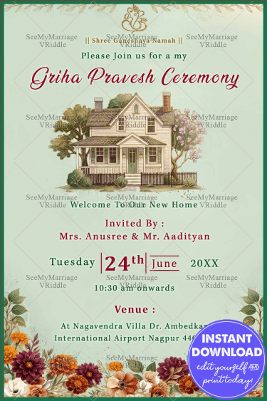 Floral Border Accents Griha Pravesh Invitation with Pastel Green Background & Home Illustration
