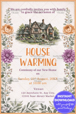 Floral House warming Invitation with Watercolor Home Illustration, Soft Pastel Background