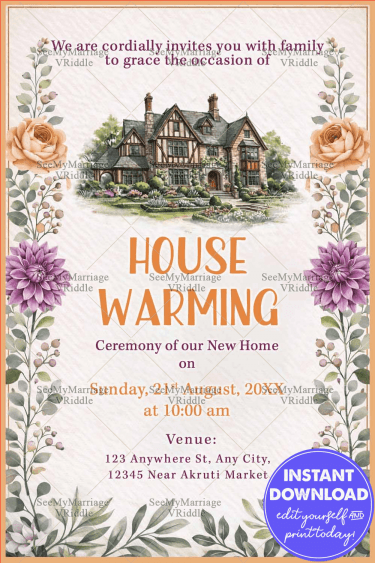 Floral House warming Invitation with Watercolor Home Illustration, Soft Pastel Background