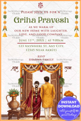 Couple Entrance Illustration Traditional Griha Pravesh Invitation with Floral Toran & Sacred Kalash Elements