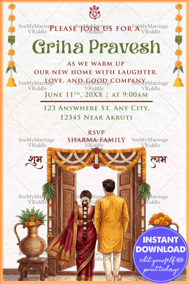 Couple Entrance Illustration Traditional Griha Pravesh Invitation with Floral Toran & Sacred Kalash Elements
