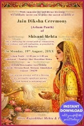 Bridal Illustration Jain Diksha Invitation with Golden Border & Sacred Ritual Elements