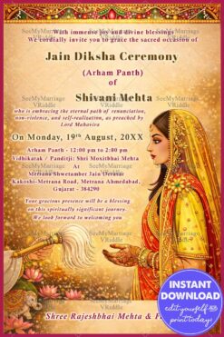 Bridal Illustration Jain Diksha Invitation with Golden Border & Sacred Ritual Elements