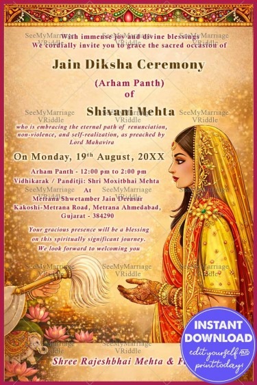 Bridal Illustration Jain Diksha Invitation with Golden Border & Sacred Ritual Elements