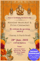 Marigold Floral Mandap Muhurat & Pithi Invitation with Lord Ganesha Motif, Hanging Lanterns