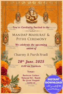 Marigold Floral Mandap Muhurat & Pithi Invitation with Lord Ganesha Motif, Hanging Lanterns