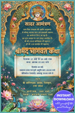 Lotus Pond Shrimad Bhagwat Katha Invitation with Krishna Portrait Add Photo & Golden Arch