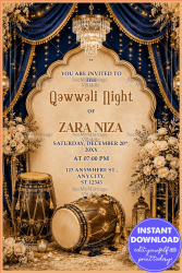 Navy Blue Drapes Qawwali Night Invitation Card with Traditional Musical Dhol & Floral Decor