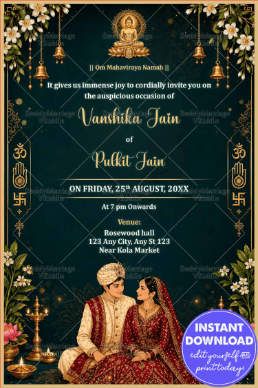 Mahavira Aura Jain Wedding Invitation with floral & Hanging bells & Couple Illustration
