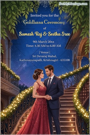 Moonlit Golddhana Ceremony Invitation with Grand Staircase Lights, Starry Night Background & Romantic Couple Portrait